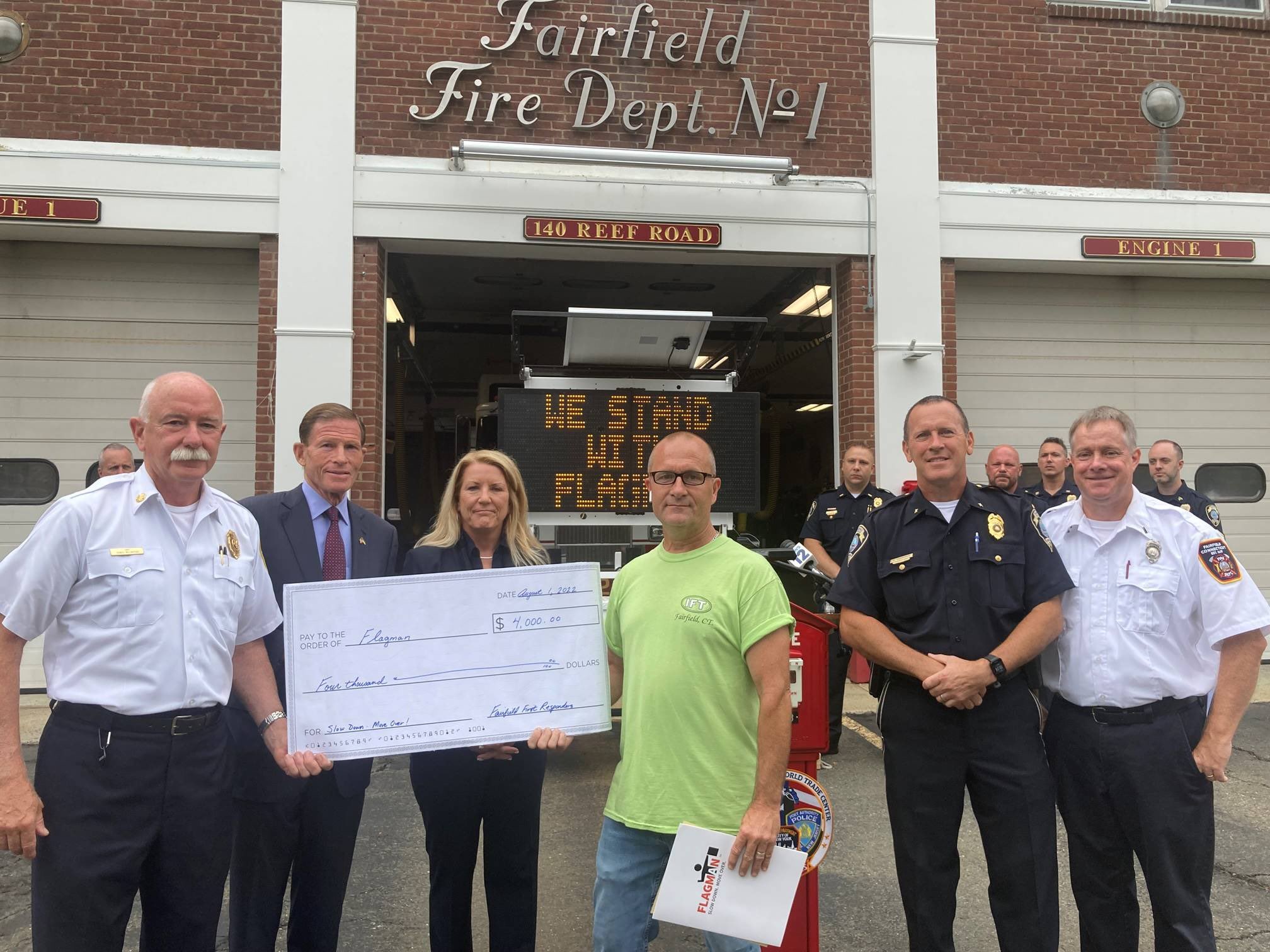 Blumenthal joined the Fairfield Police and Fairfield Fire Departments to announce their donation to the Flagman Project, a non-profit organization founded in honor of Corey John Iodice, a tow truck driver killed on the Merritt Parkway in 2020 while assisting a disabled motorist. 